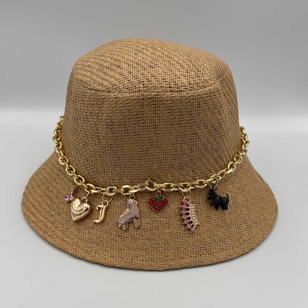 Juicy Couture Straw Bucket‎ Hat Gold Charm Chain Y2K Heart Crown NWT